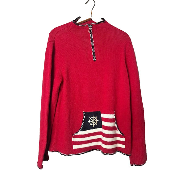 Liz Claiborne Sweater Patriotic Flag Red 1/4 Zip Nautical Womens Size L American - Picture 1 of 7